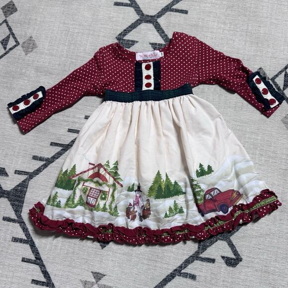 Baby Girl 18 Mo Christmas Scene Dress Cotton Plaid Sash Buttons Ruffle Snowman - Picture 4 of 8